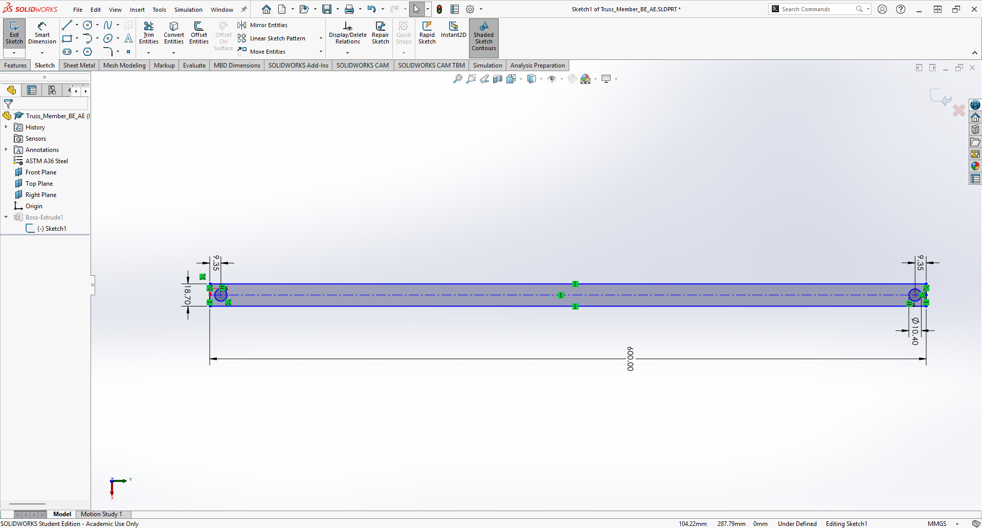 Truss Member Sketch in SolidWorks